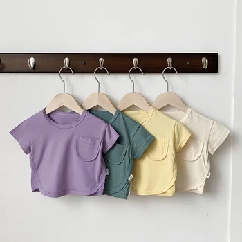 2023 Кореялық жазғы ұл балаларға арналған қысқа жеңді футболка O-мойын Қатты мақта қарапайым пуловер Нәресте ұл балаға арналған үстіңгі киімдер